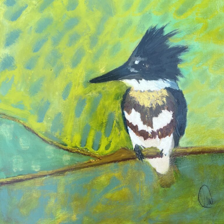 'A kingfisher with a dramatic black crest and vivid blue body stands out against a bold green background with expressive mark-making and subtle patterning.'