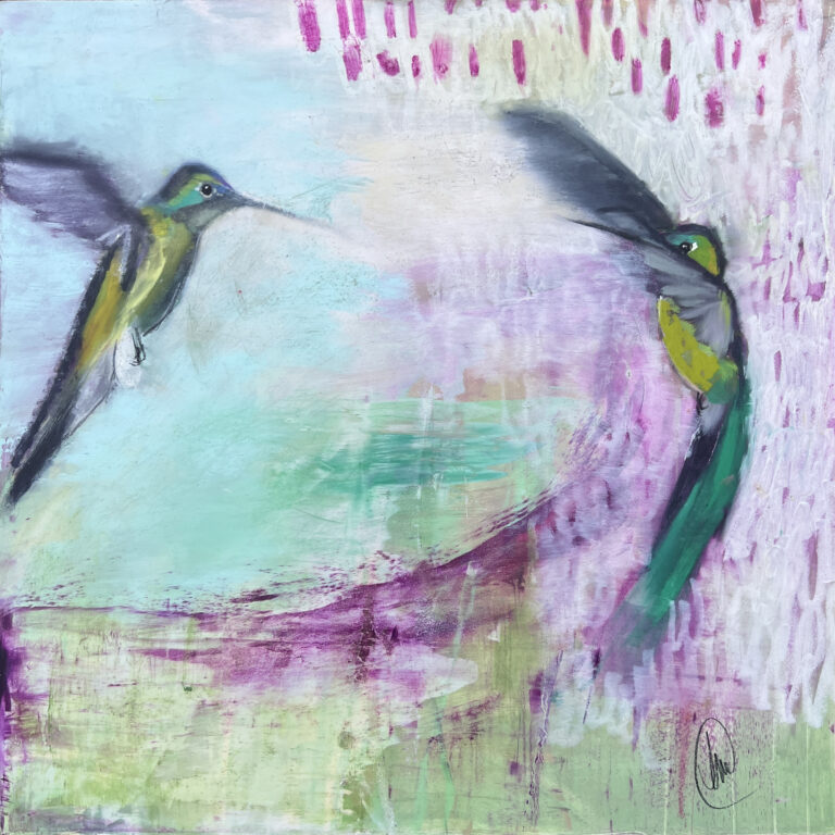 'Two hummingbirds face one another mid-hover in a soft, layered composition of greens, pinks, and turquoise with a sense of suspended motion and space between them.'