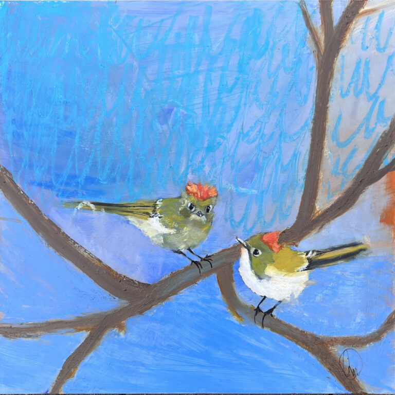 'Two golden-crowned kinglets with bright orange crests perch on branches in front of a swirling blue sky, full of energy and playful movement.'