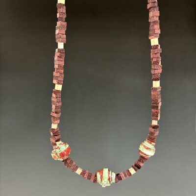 Purple heart wood necklace with silver and enameled copper